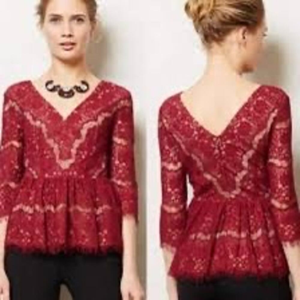 Maeve Anthropologie burgandy‎ lace 3/4 sleeve peplum blouse - small
